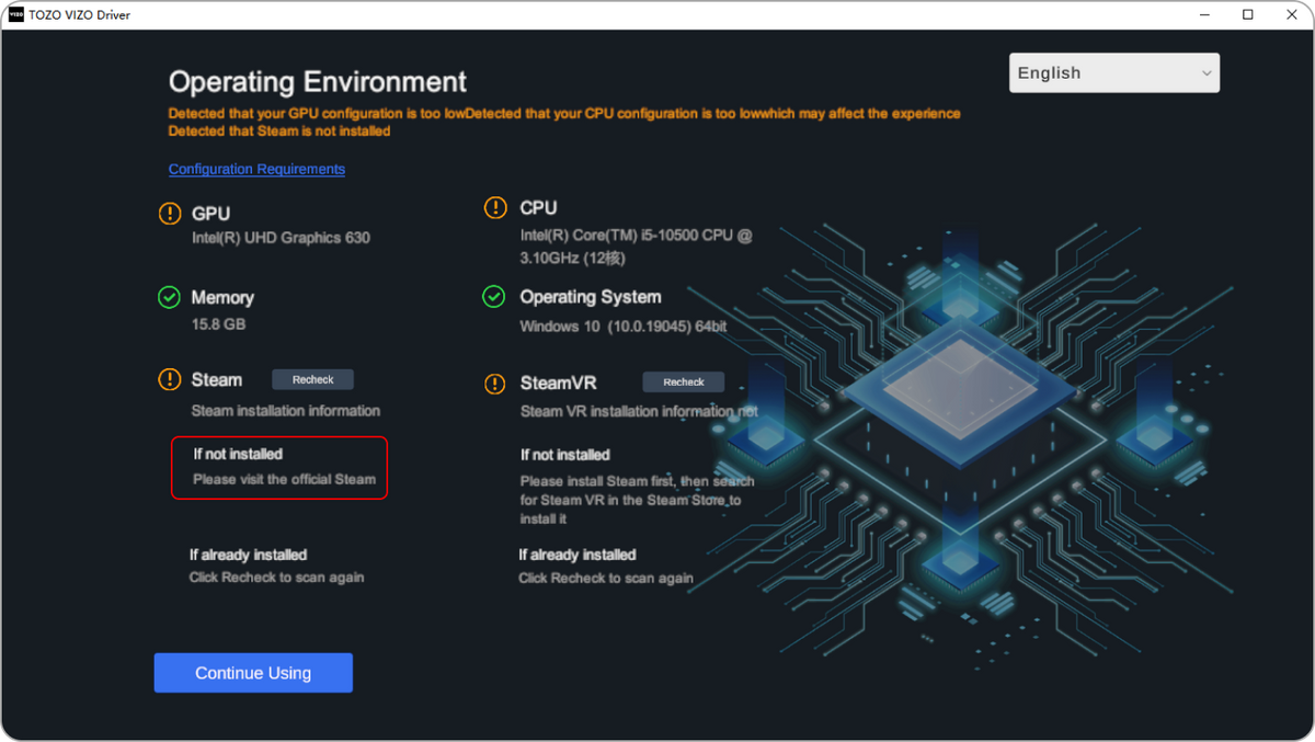 <p>2.3If Steam VR is not installed, please first click the link in the image to download and install Steam. (If already installed, you can skip this section.)</p> bg image