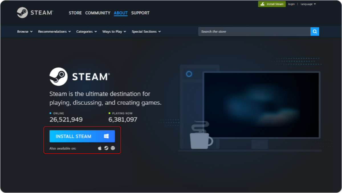 <p>2.4Go to the linked page and click “INSTALL STEAM.”</p> bg image