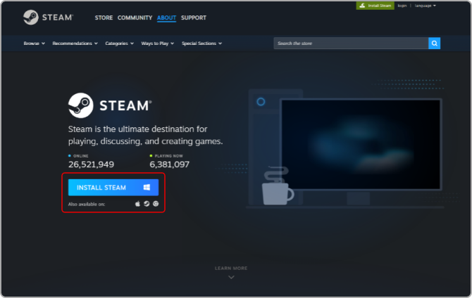 <p>2.4Go to the linked page and click “INSTALL STEAM.”</p> mobile image